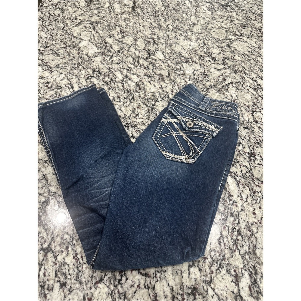 Silver Jeans Suki Surplus Dark‎ Wash 31x32 Mid Rise Boot Cut Flap Button Pockets